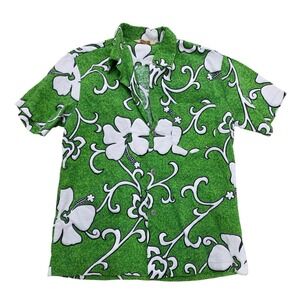 Vintage 60s‎ Royal Hawaiian Green White Hibiscus Barkcloth Shirt  Mens Large